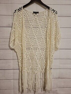 POL cardigan beach cover up open knit open front fringe crochet Size: Large